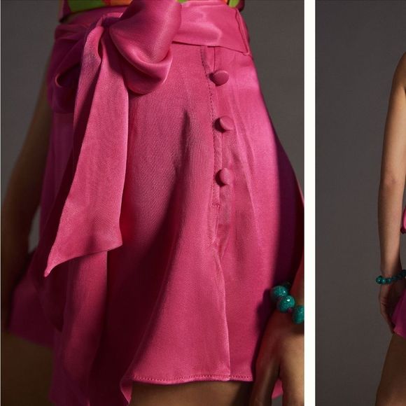 NWT Anthropologie Maeve Barbie Hot Pink Satin Flare Button Waist Tie Shorts - Picture 3 of 5
